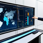 A diverse team of professional logistics managers in modest business attire, gathered around a large, interactive holographic display in a high-tech port control center. The display vividly projects a detailed 3D digital twin model of a bustling container port, showing ships navigating, automated cranes operating, and real-time data streams indicating cargo movement and logistics. The atmosphere is one of efficiency and control, highlighting data visualization and predictive analytics. The control room is modern, well-lit with ambient light, and features sleek design. Professional photography, high quality, realistic lighting, perfect anatomy, correct proportions, natural pose, well-formed hands, proper finger count, natural body proportions, safe for work, appropriate content, fully clothed, professional.