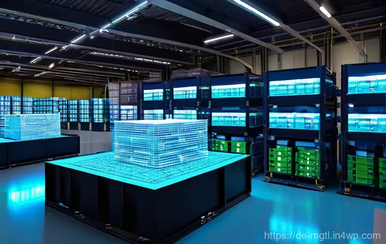 디지털 트윈이 바꾸는 물류 관리 - **Prompt 1: Real-time Warehouse Digital Twin**
"A clean, modern, high-tech logistics warehouse i...