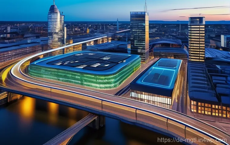 스마트 시티에서의 디지털 트윈 활용 방안 - **A highly detailed, futuristic control center in Hamburg's HafenCity, showcasing a vibrant 3D digit...