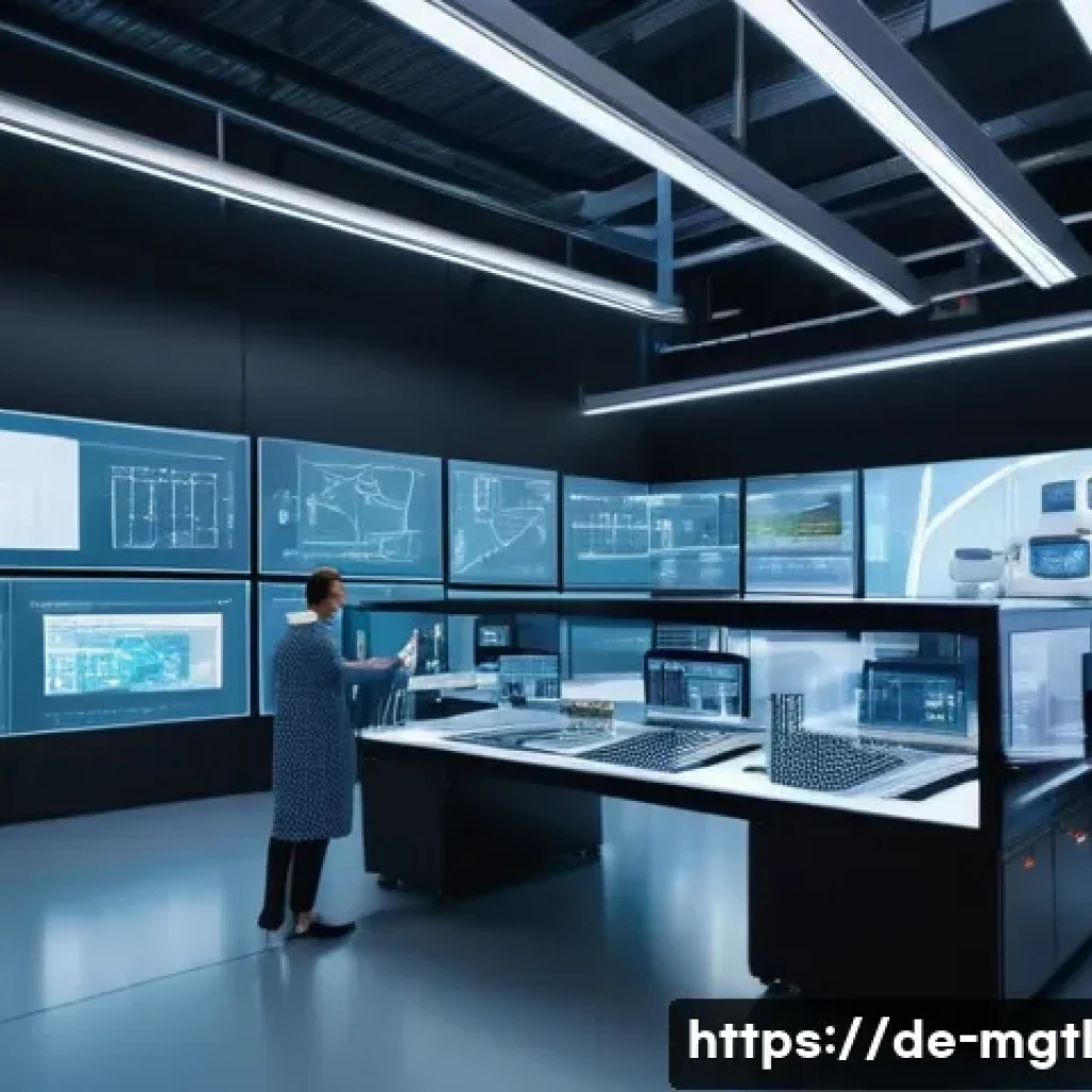 디지털 트윈의 산업별 맞춤형 적용 사례 - A modern German manufacturing factory interior showcasing a digital twin control room with engineers...
