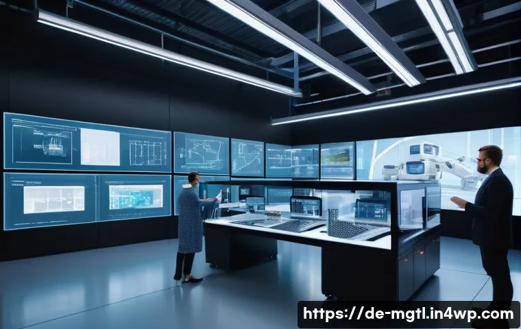 디지털 트윈의 산업별 맞춤형 적용 사례 - A modern German manufacturing factory interior showcasing a digital twin control room with engineers...