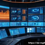 Home 22 산업 4 0 시대의 디지털 트윈 역할 - A highly detailed industrial factory control room showcasing digital twin technology in action, with...