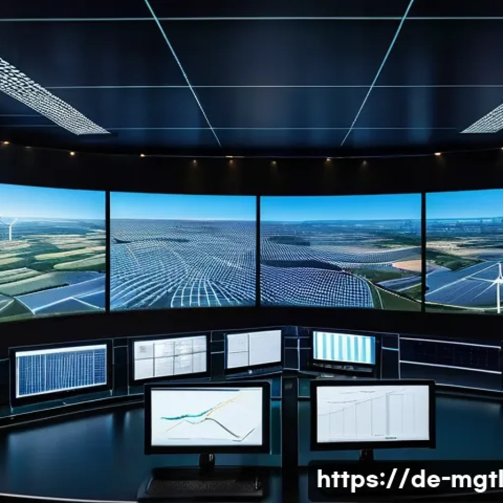 스마트 그리드에서의 디지털 트윈 활용 - A highly detailed digital twin control room of a German smart grid operator, featuring large interac...