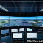 Home 21 스마트 그리드에서의 디지털 트윈 활용 - A highly detailed digital twin control room of a German smart grid operator, featuring large interac...