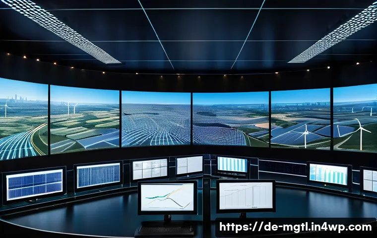 스마트 그리드에서의 디지털 트윈 활용 - A highly detailed digital twin control room of a German smart grid operator, featuring large interac...