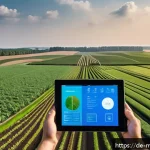 Home 19 스마트 농업에서의 디지털 트윈 적용 - A high-tech German farm landscape showcasing precision agriculture with digital twin technology. The...