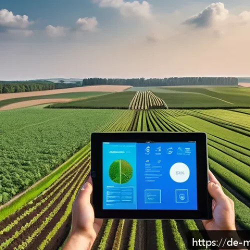 Home 31 스마트 농업에서의 디지털 트윈 적용 - A high-tech German farm landscape showcasing precision agriculture with digital twin technology. The...