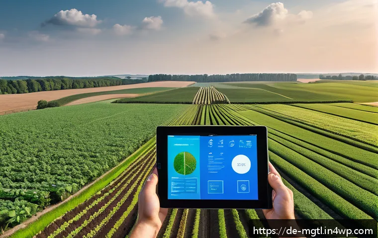 스마트 농업에서의 디지털 트윈 적용 - A high-tech German farm landscape showcasing precision agriculture with digital twin technology. The...