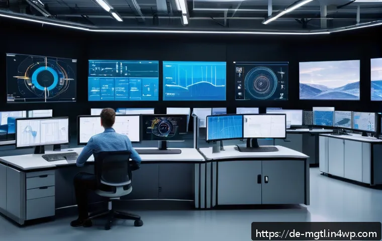 디지털 트윈을 통한 실시간 데이터 분석 - A highly detailed industrial control room featuring large digital twin interfaces displayed on trans...