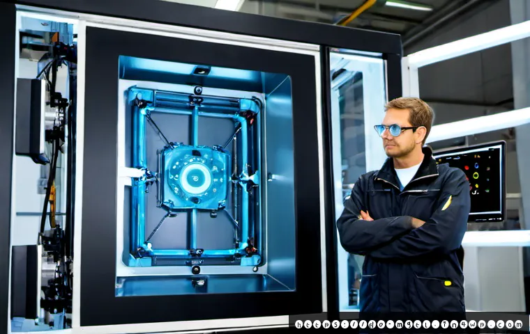 Home 17 디지털 트윈의 활용을 위한 기술적 도전 - Photorealistic German manufacturing engineer in a clean advanced factory, wearing safety glasses and...